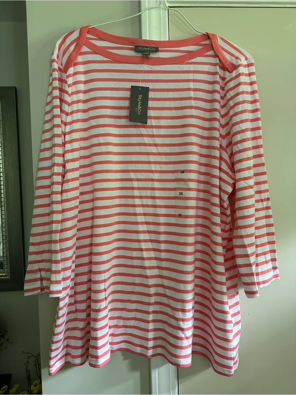 Style & Co. Coral & White Striped Crewneck Top